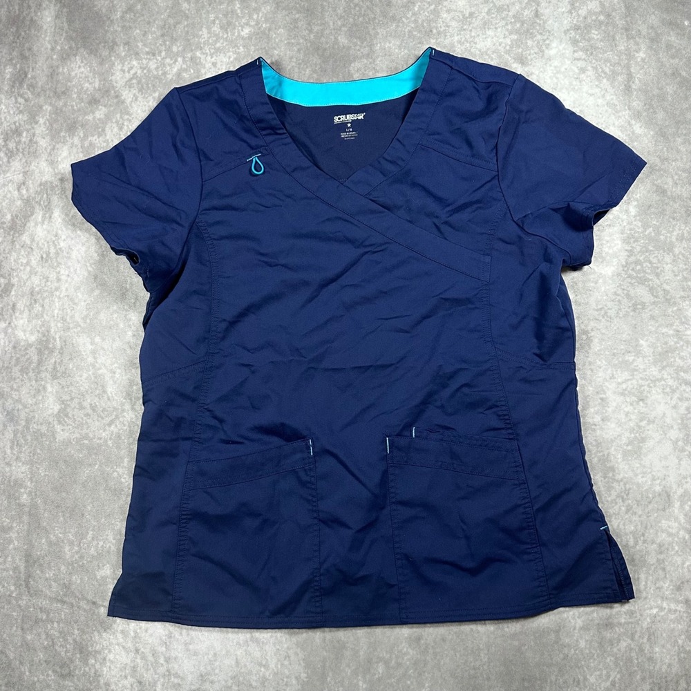 Scrubstar Premium Scrub Top Womens Large L Navy Blue V-Neck Short Sleeve Medical